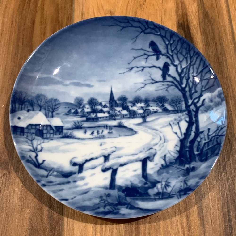 1972 Christmas blue and white winter Scene w crows and church west German plate